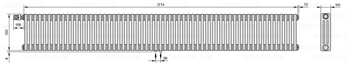 Схема (чертеж) Радиатор Zehnder Charleston 3055/59 №V007 Белый глянцевый RAL 9016